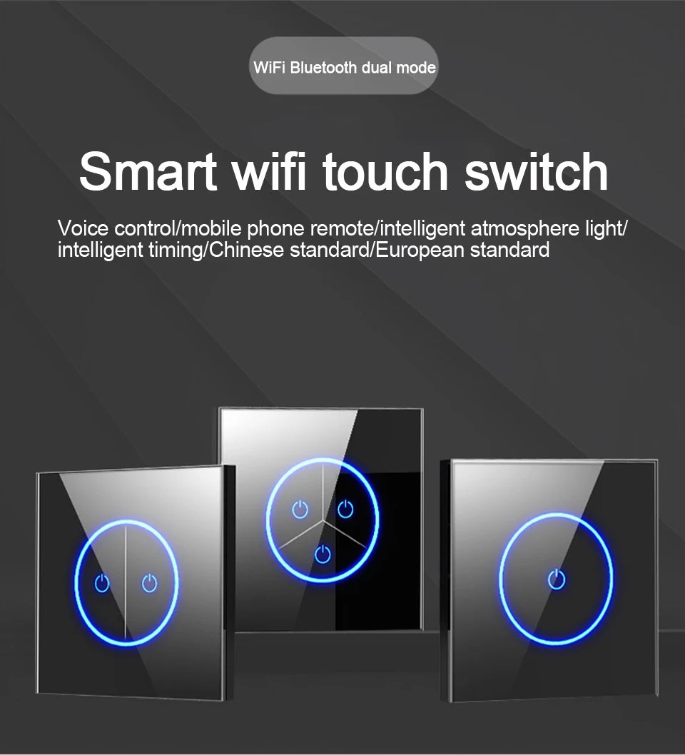 Tuya WiFi Smart Lichtschakelaar – 1/2/3-Gang Touchpaneel met App-bediening voor Alexa & Google Home