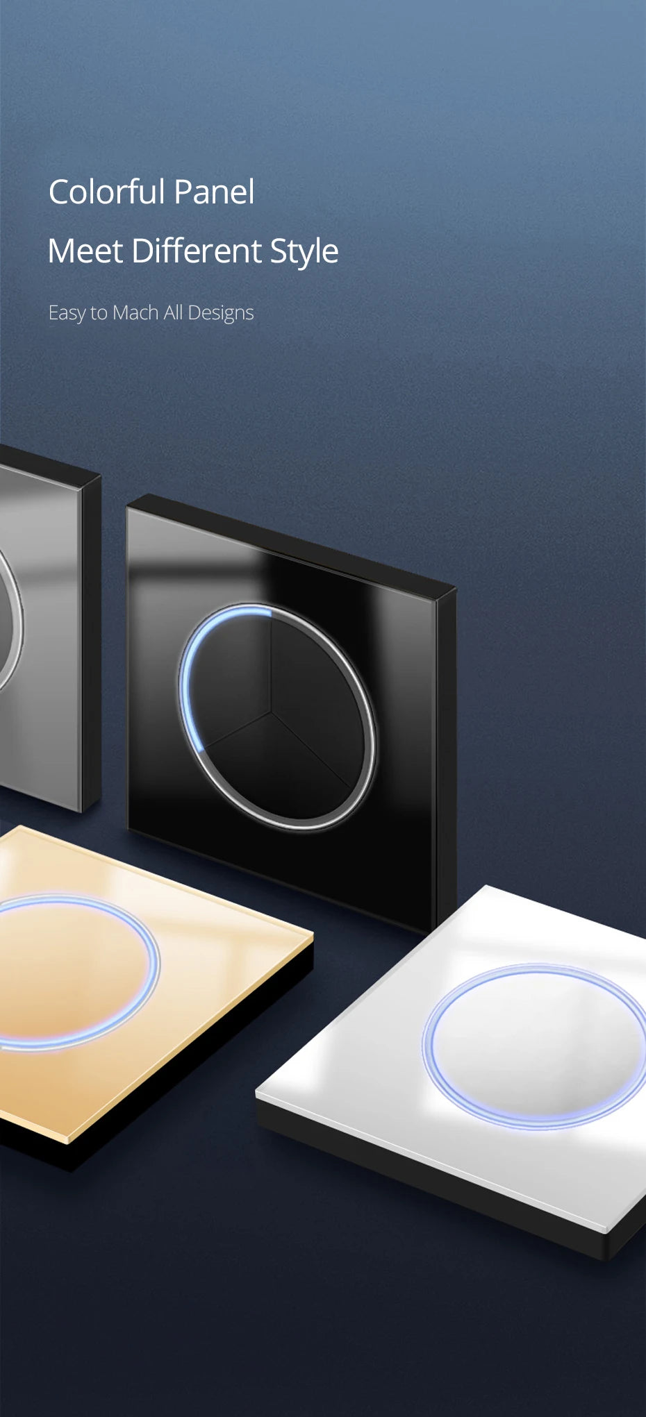 Wallpad zwart glazen schakelaar met ronde blauwe LED & stopcontact
