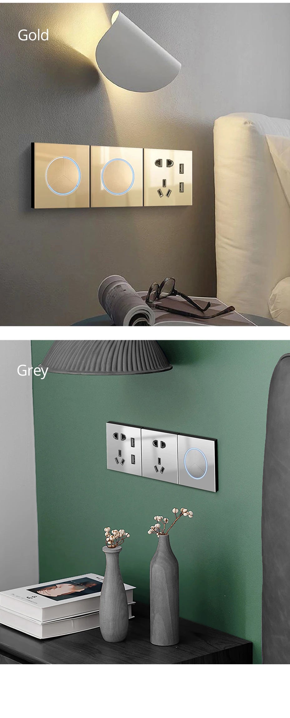 Wallpad zwart glazen schakelaar met ronde blauwe LED & stopcontact