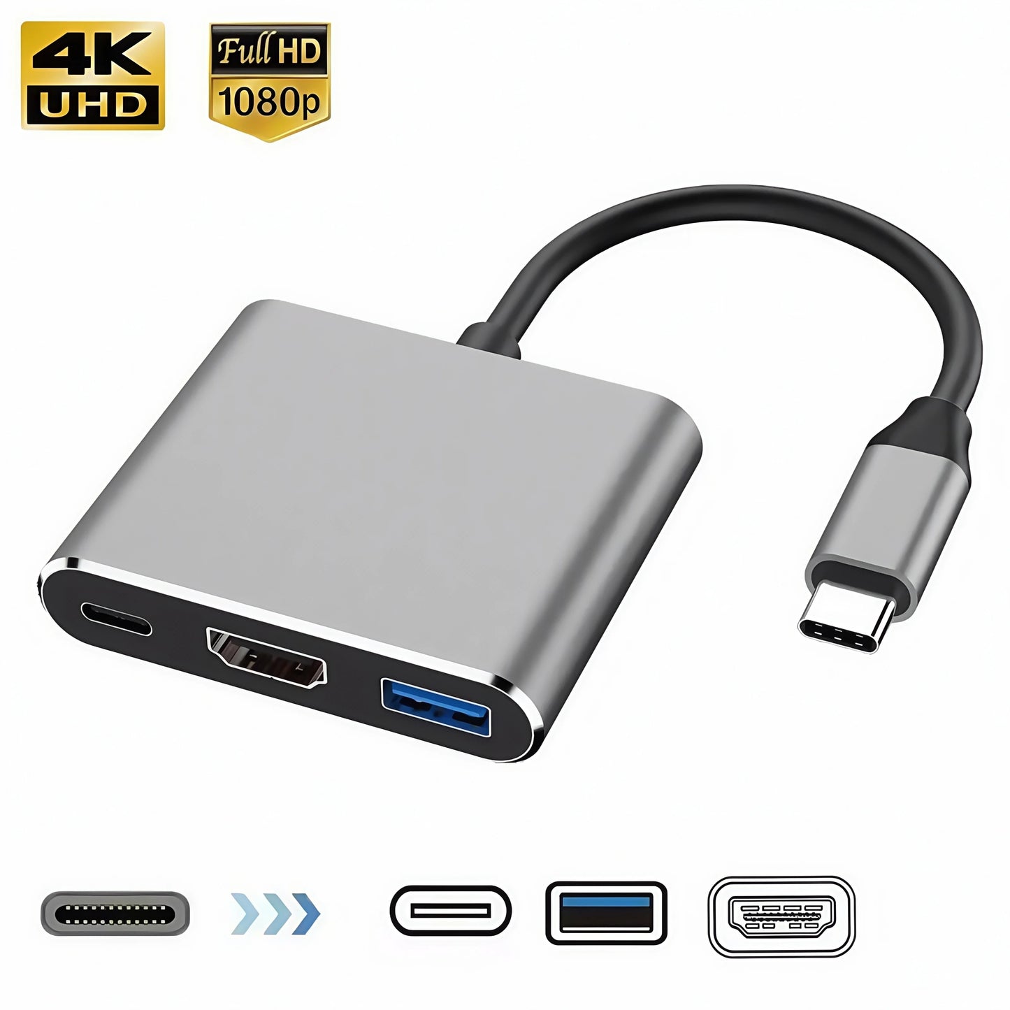 USB-C Hub Adapter 3-in-1 – 4K HDMI, USB 3.0 & Oplaadpoort – Geschikt voor MacBook & Laptops