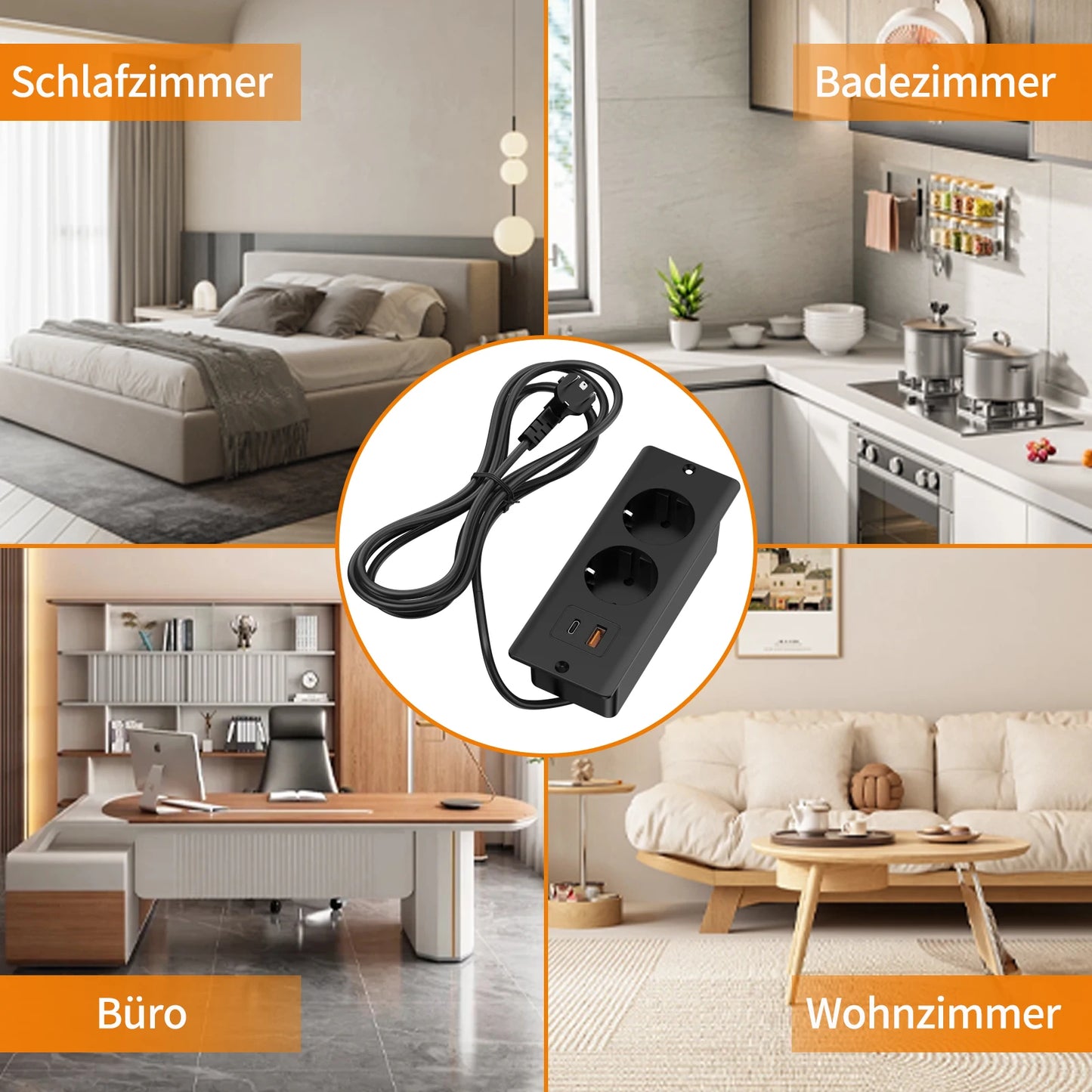 Hitrends Inbouw Bureau Stopcontact – 2 EU Stopcontacten, 1 USB & 1 USB-C, 2m Verlengkabel