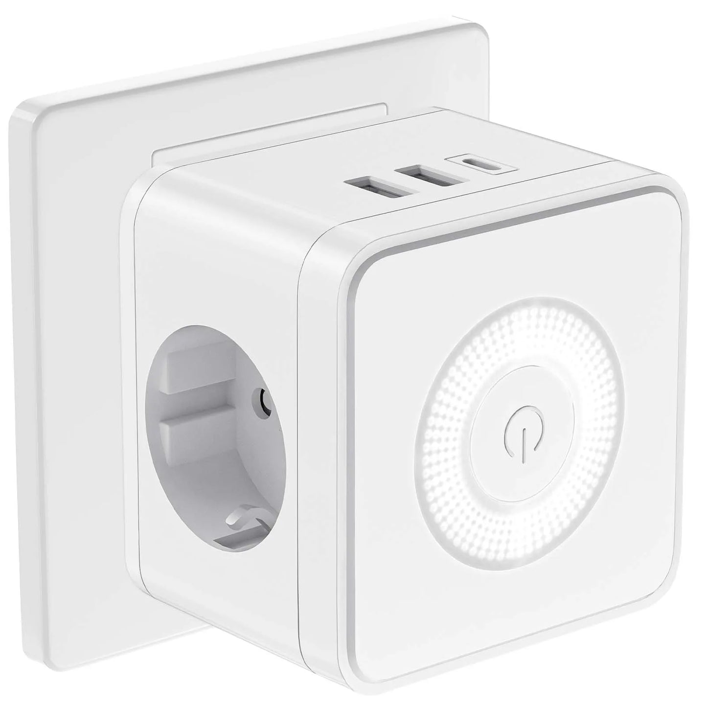 EU Power Strip Cube – 2 Stopcontacten, 2 USB-A & 1 USB-C, Nachtlampje, 3680W Wandcontactdoos