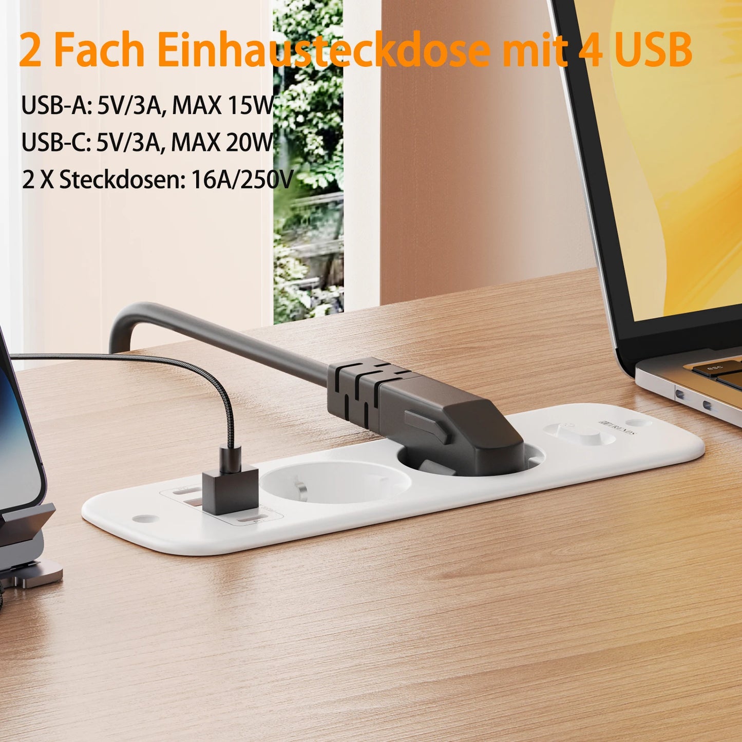 Hitrends Inbouw Wandcontactdoos – 2 EU Stopcontacten, 2 USB-A & 2 USB-C PD 20W, 2m Spiraal Verlengkabel
