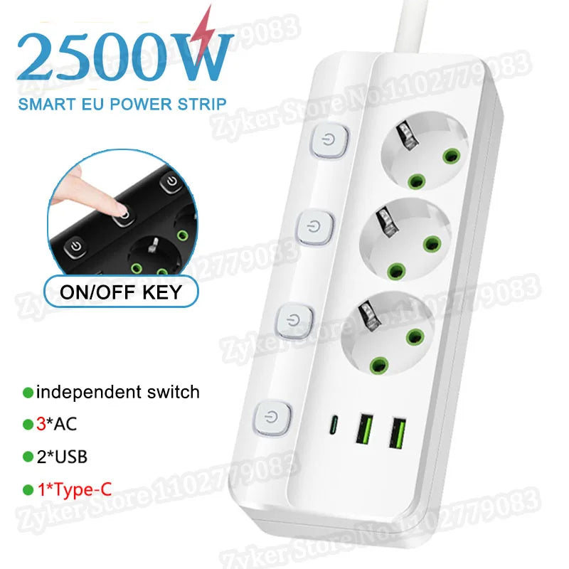 MAOZUA Power Strip – 3/5 Stopcontacten, 2 USB & 1 USB-C, 6/8-in-1 Stekkerdoos, Snelladen