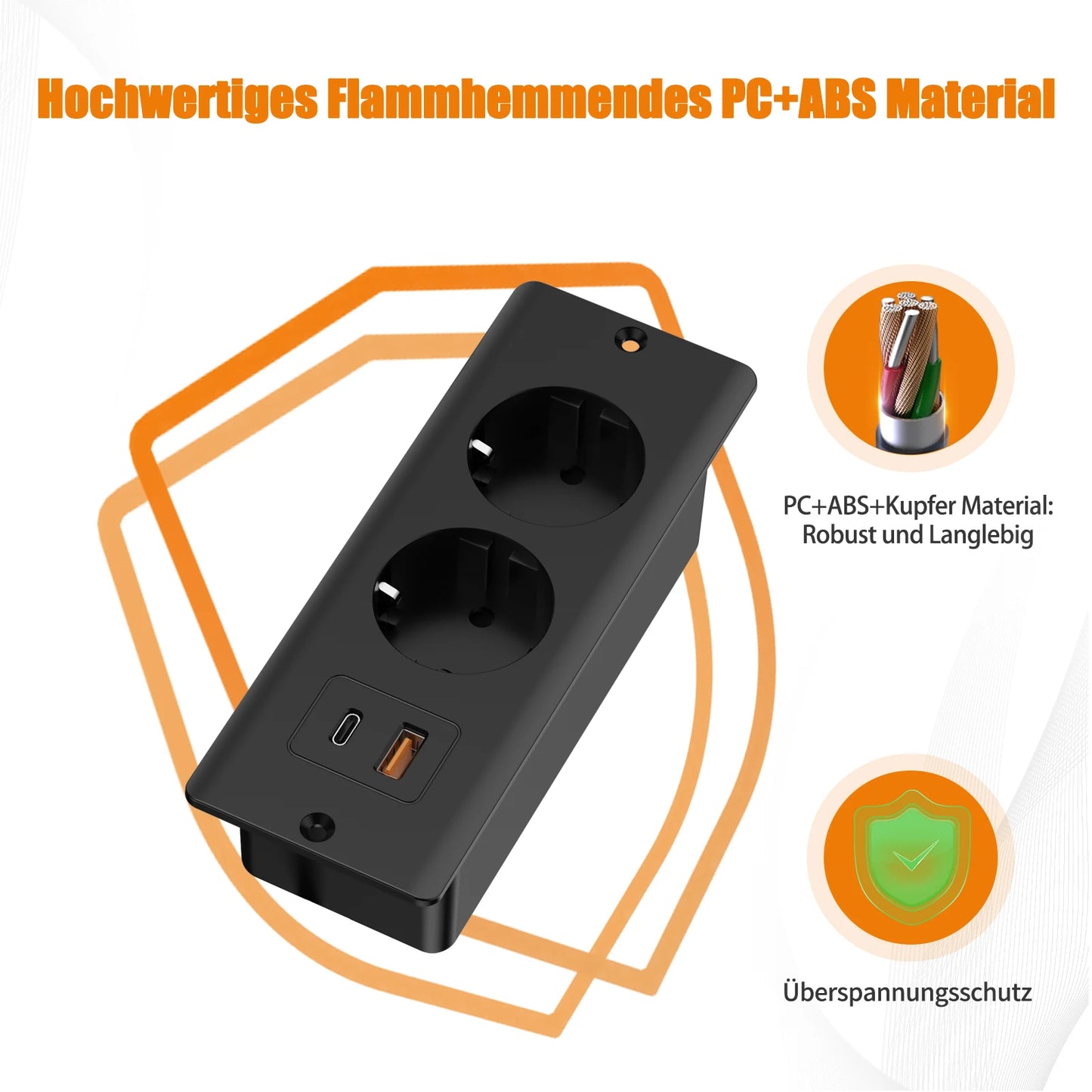 Hitrends Inbouw Bureau Stopcontact – 2 EU Stopcontacten, 1 USB & 1 USB-C, 2m Verlengkabel