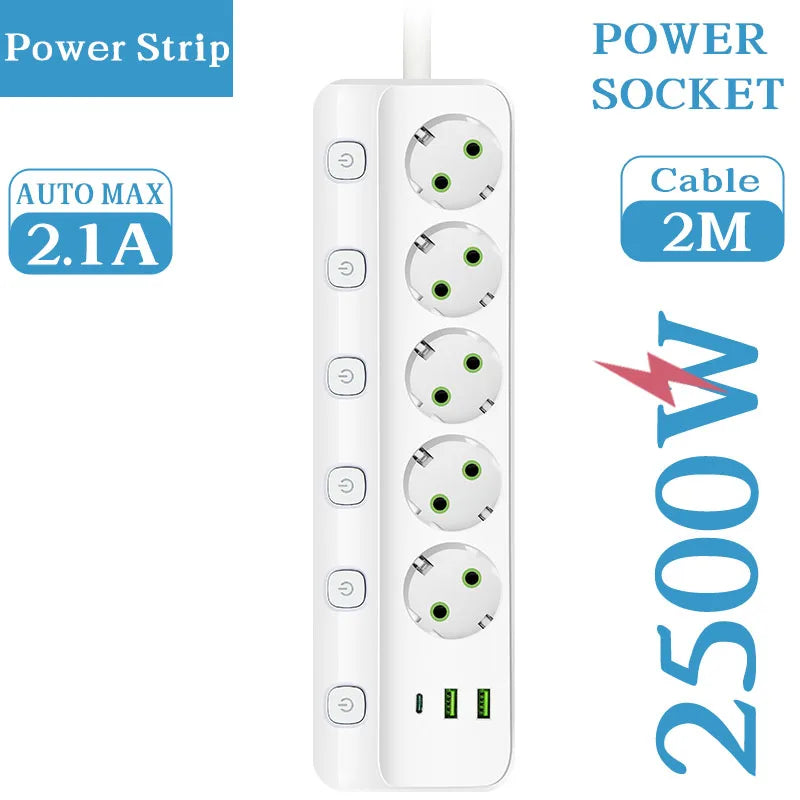 MAOZUA Power Strip – 3/5 Stopcontacten, 2 USB & 1 USB-C, 6/8-in-1 Stekkerdoos, Snelladen