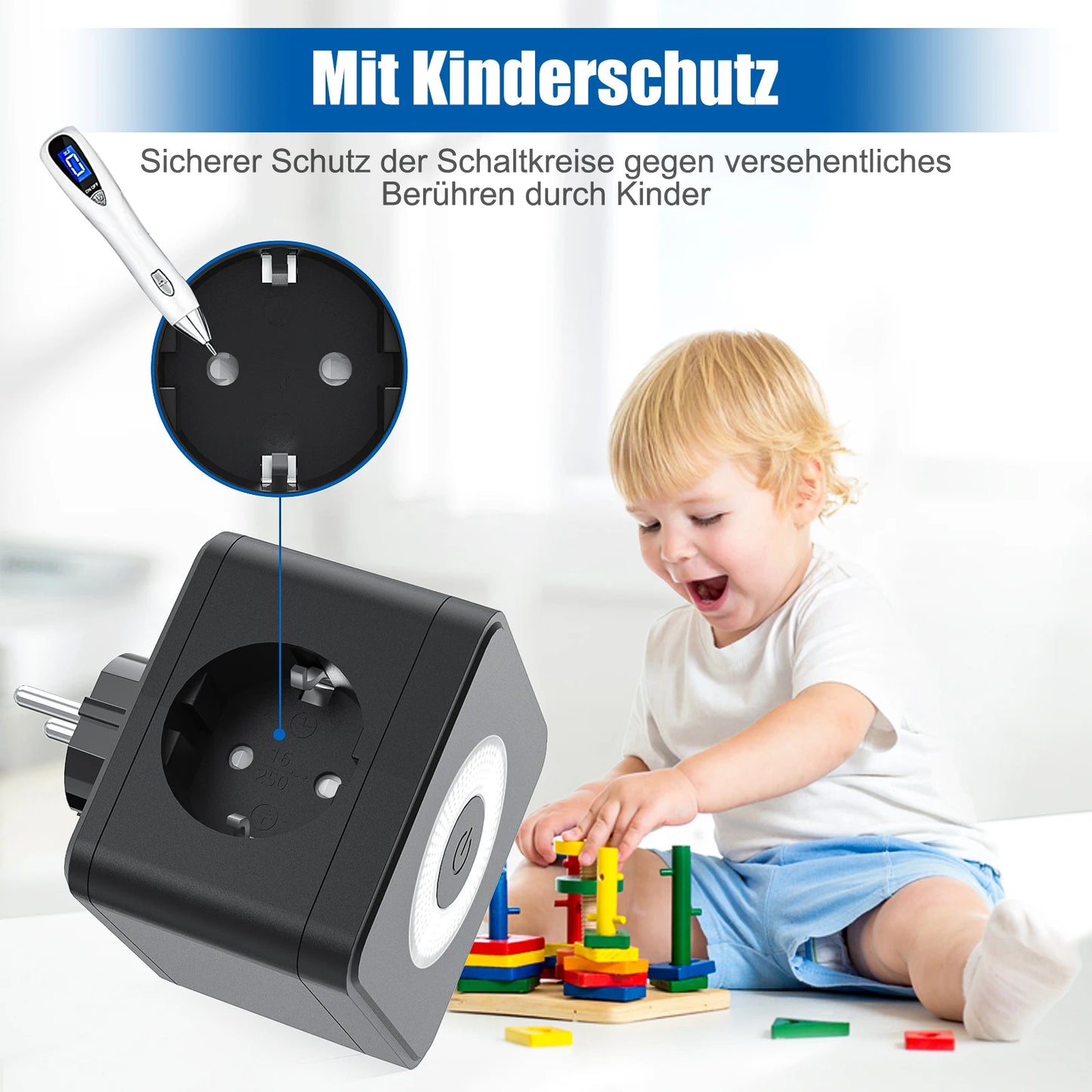 EU Power Strip Cube – 2 Stopcontacten, 2 USB-A & 1 USB-C, Nachtlampje, 3680W Wandcontactdoos