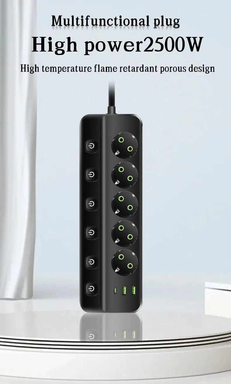 MAOZUA Power Strip – 3/5 Stopcontacten, 2 USB & 1 USB-C, 6/8-in-1 Stekkerdoos, Snelladen