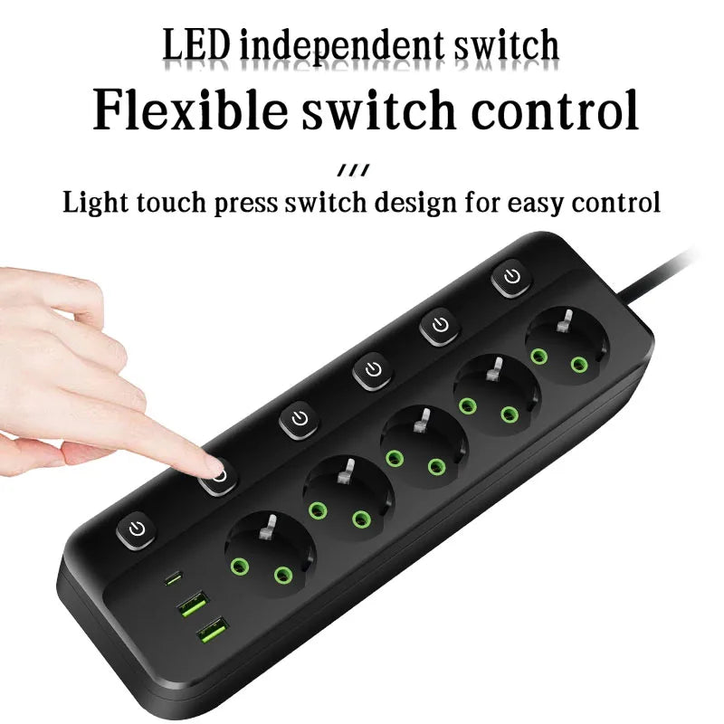 MAOZUA Power Strip – 3/5 Stopcontacten, 2 USB & 1 USB-C, 6/8-in-1 Stekkerdoos, Snelladen