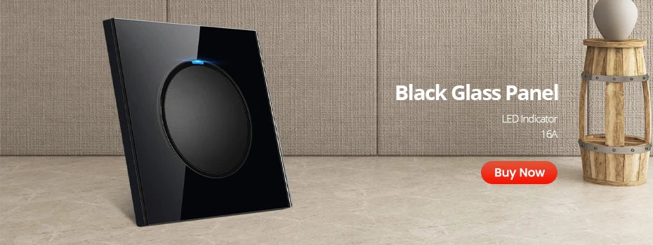 Wallpad zwart glazen schakelaar met ronde blauwe LED & stopcontact