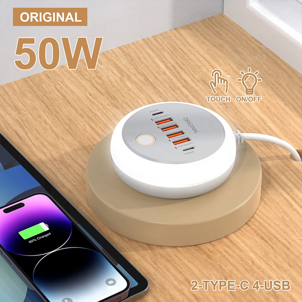 Multifunction 4 USB 2 Type C Ports Desktop Power Strip 6 In 1 Quick Charging Socket Home Electronics For Tablet Laptop EU/US/UK