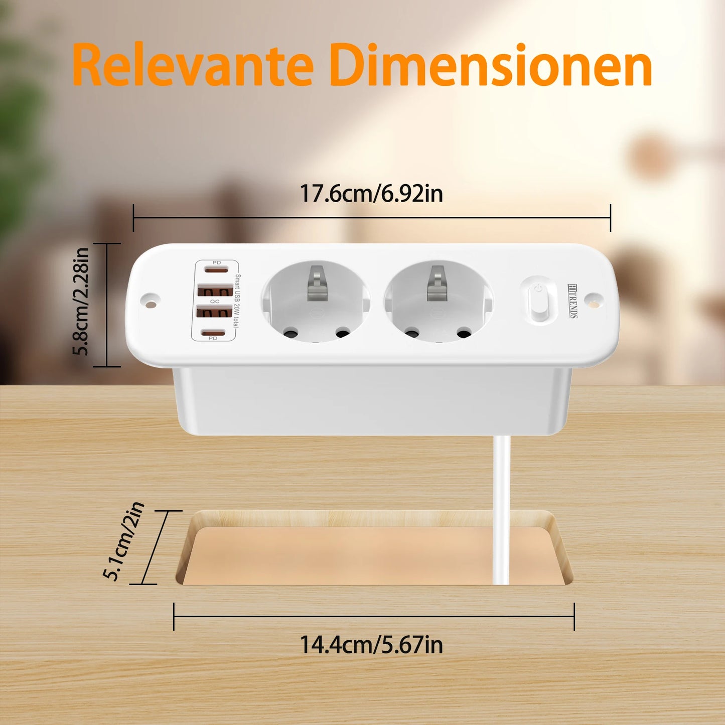 Hitrends Inbouw Wandcontactdoos – 2 EU Stopcontacten, 2 USB-A & 2 USB-C PD 20W, 2m Spiraal Verlengkabel