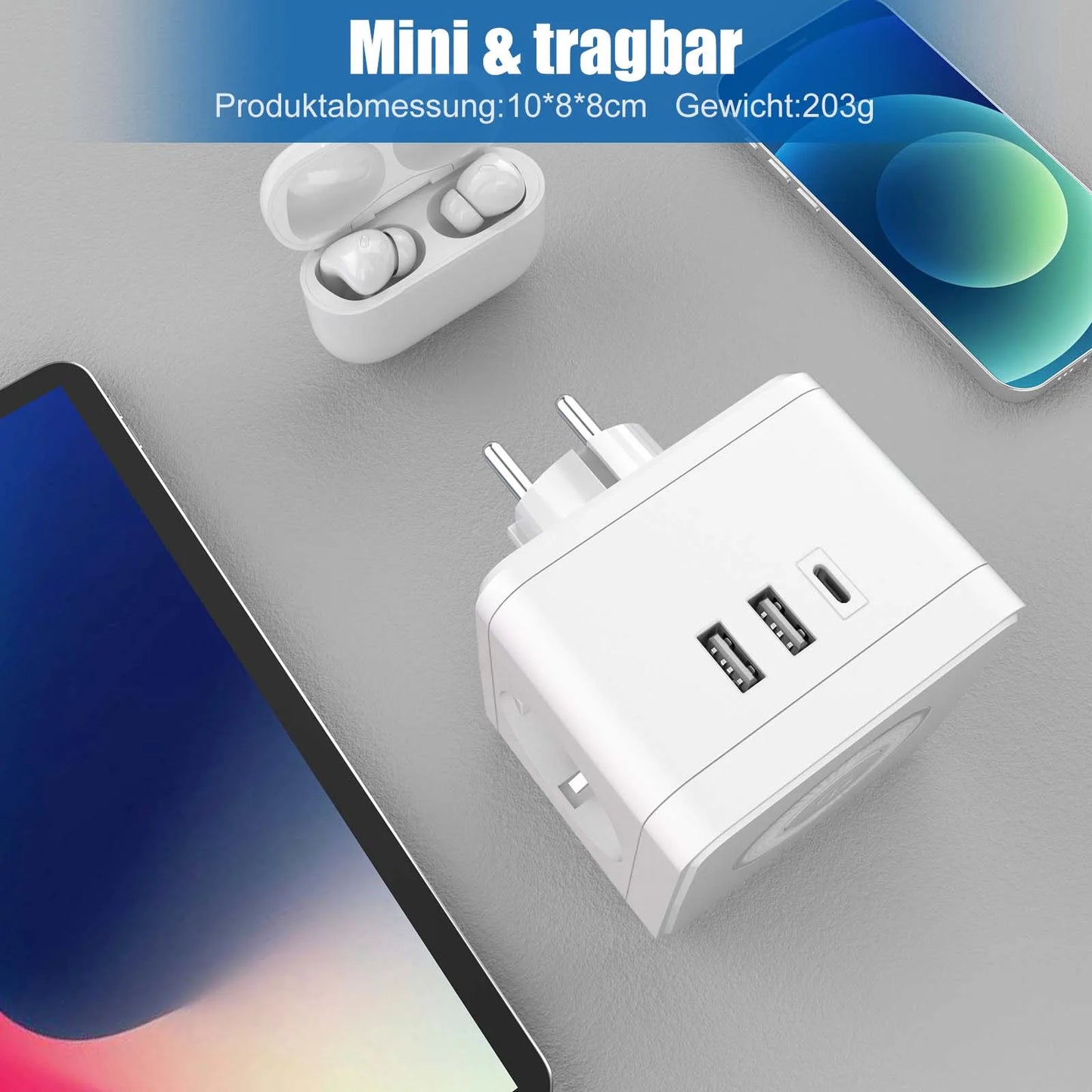 EU Power Strip Cube – 2 Stopcontacten, 2 USB-A & 1 USB-C, Nachtlampje, 3680W Wandcontactdoos