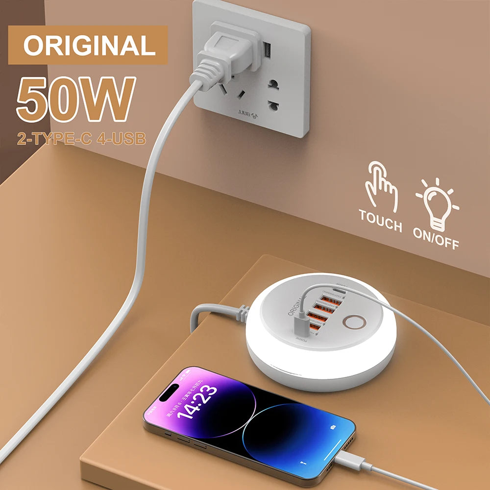 Multifunction 4 USB 2 Type C Ports Desktop Power Strip 6 In 1 Quick Charging Socket Home Electronics For Tablet Laptop EU/US/UK