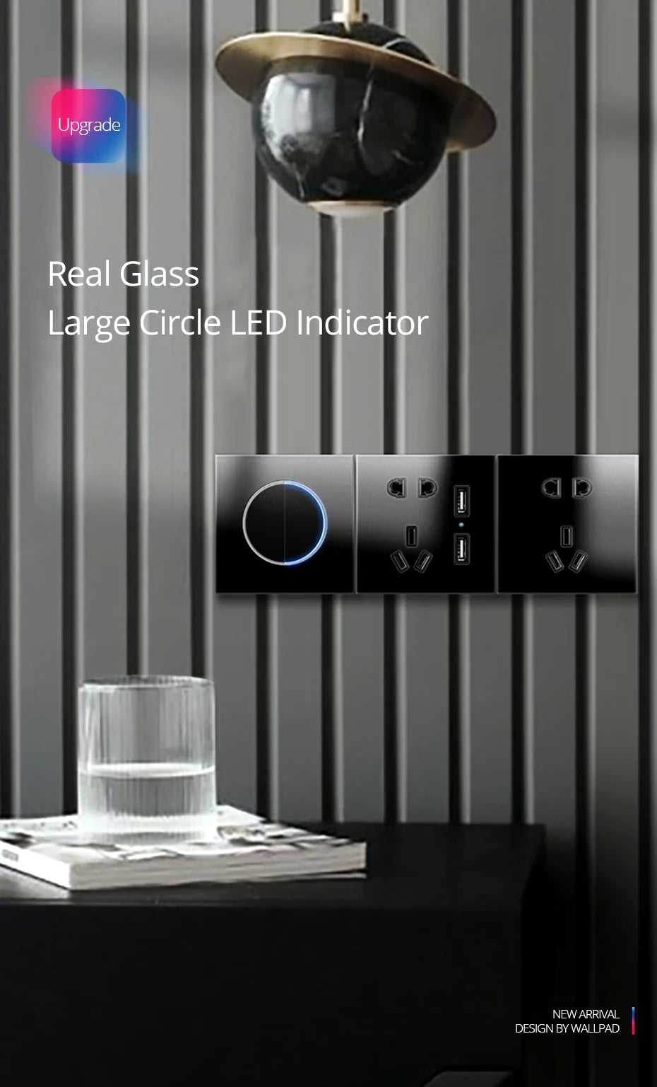 Wallpad zwart glazen schakelaar met ronde blauwe LED & stopcontact