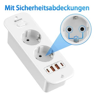 Hitrends Inbouw Wandcontactdoos – 2 EU Stopcontacten, 2 USB-A & 2 USB-C PD 20W, 2m Spiraal Verlengkabel