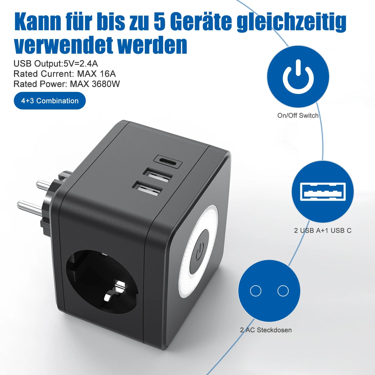 EU Power Strip Cube – 2 Stopcontacten, 2 USB-A & 1 USB-C, Nachtlampje, 3680W Wandcontactdoos