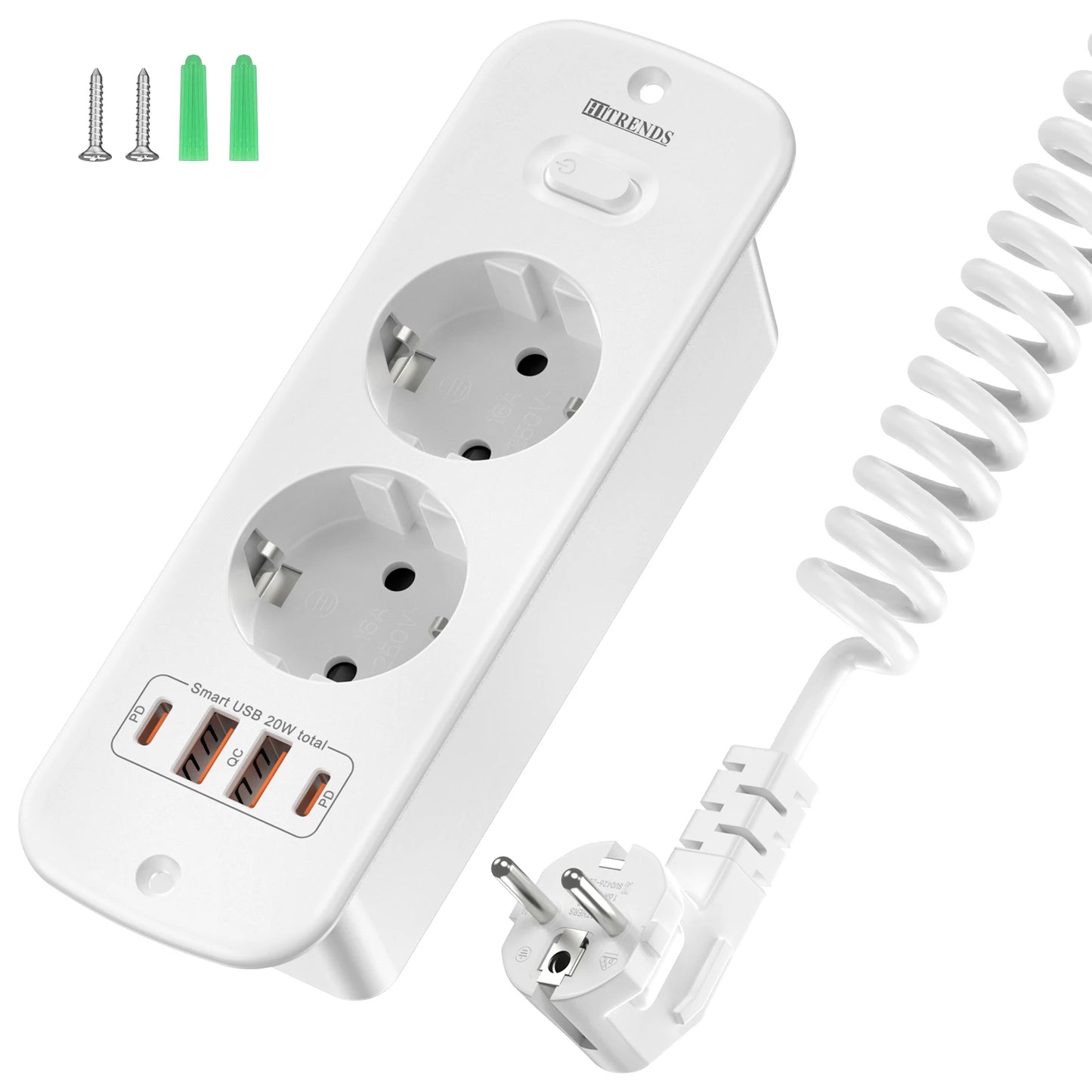 Hitrends Inbouw Wandcontactdoos – 2 EU Stopcontacten, 2 USB-A & 2 USB-C PD 20W, 2m Spiraal Verlengkabel