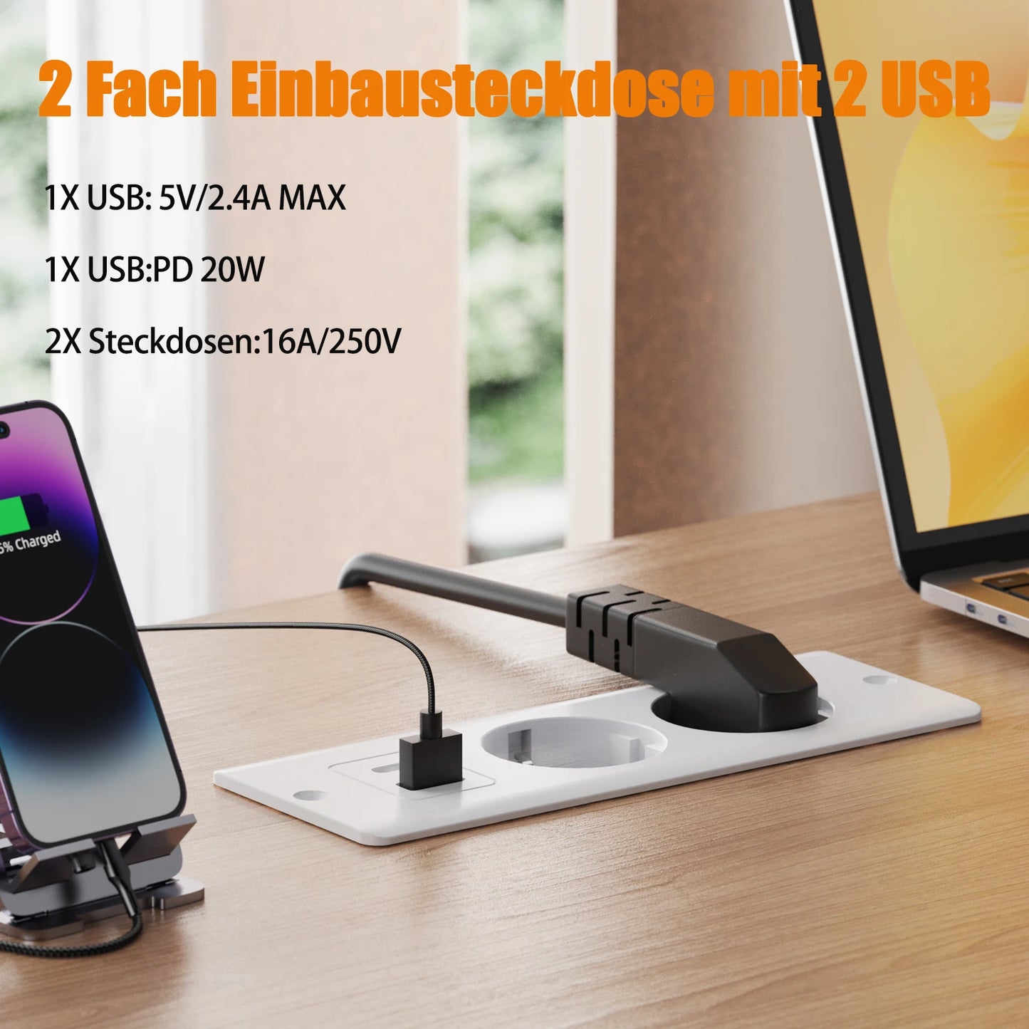 Hitrends Inbouw Bureau Stopcontact – 2 EU Stopcontacten, 1 USB & 1 USB-C, 2m Verlengkabel