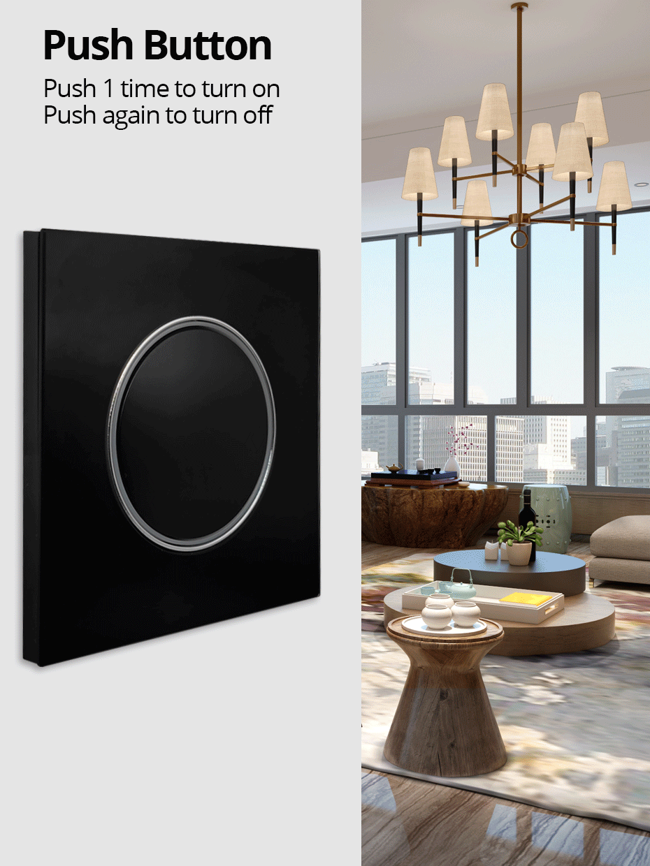 Wallpad zwart glazen schakelaar met ronde blauwe LED & stopcontact