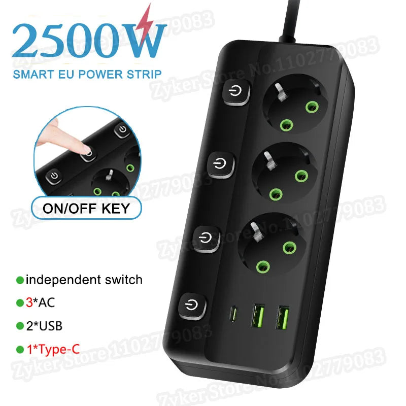 MAOZUA Power Strip – 3/5 Stopcontacten, 2 USB & 1 USB-C, 6/8-in-1 Stekkerdoos, Snelladen
