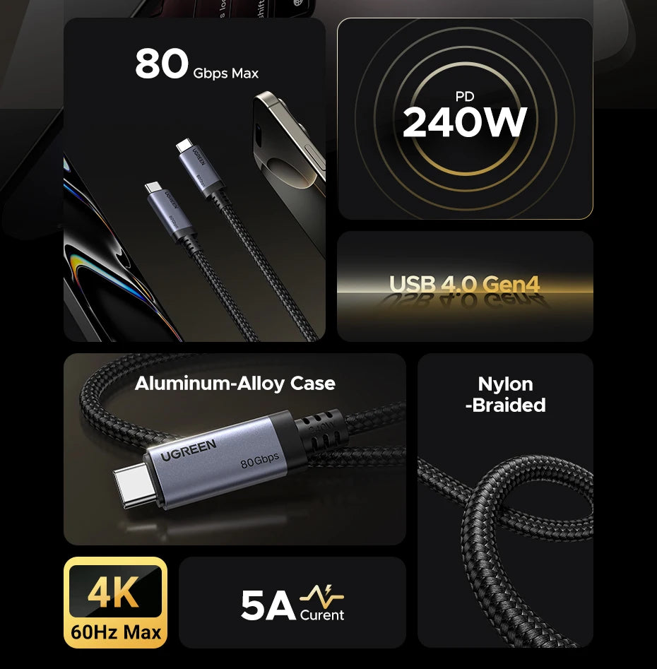 UGREEN USB-C naar USB-C Kabel – 80Gbps USB4 Gen4, 240W Snelladen & Thunderbolt 4