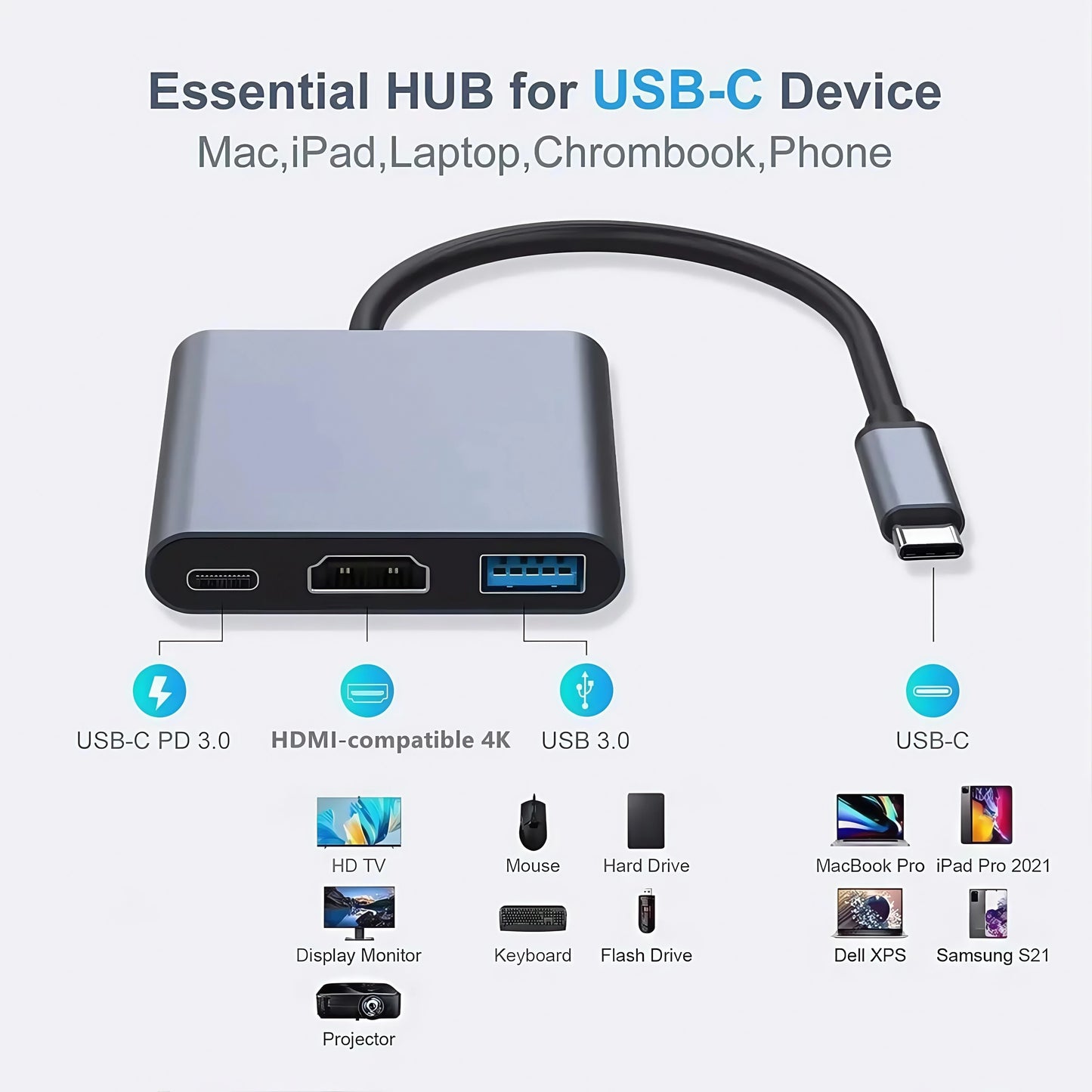 USB-C Hub Adapter 3-in-1 – 4K HDMI, USB 3.0 & Oplaadpoort – Geschikt voor MacBook & Laptops