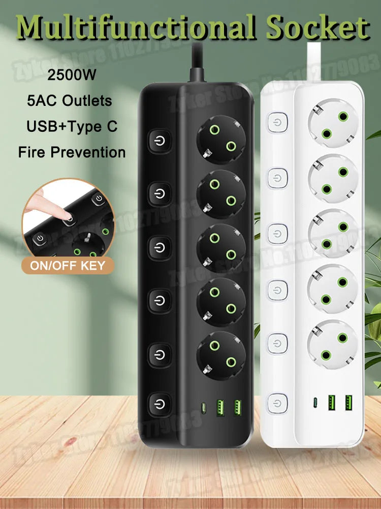 MAOZUA Power Strip – 3/5 Stopcontacten, 2 USB & 1 USB-C, 6/8-in-1 Stekkerdoos, Snelladen