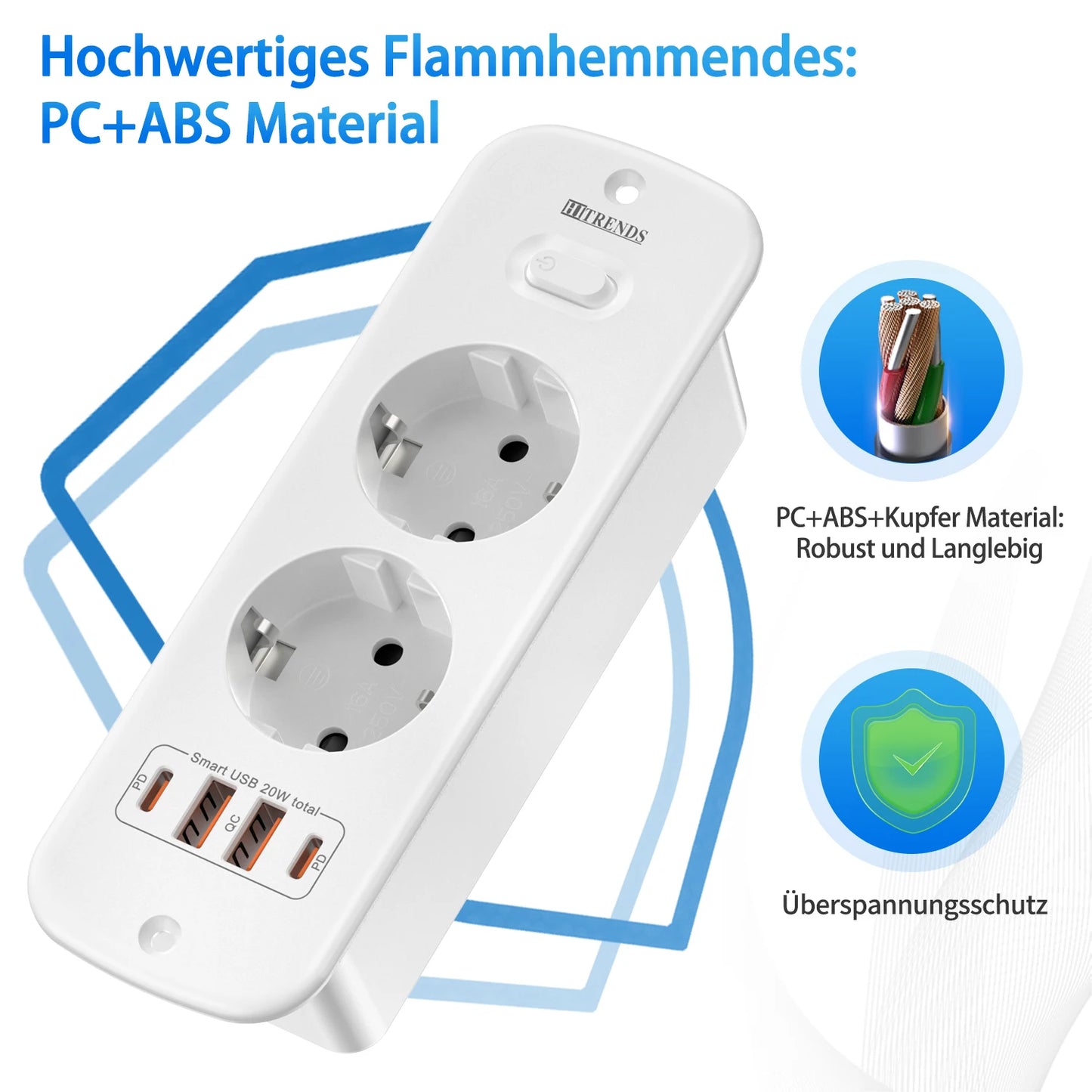 Hitrends Inbouw Wandcontactdoos – 2 EU Stopcontacten, 2 USB-A & 2 USB-C PD 20W, 2m Spiraal Verlengkabel