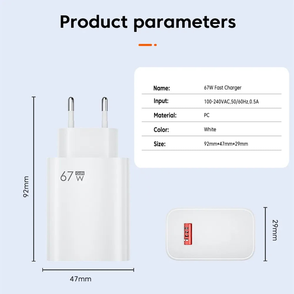 67W USB Fast Charger met 6A Type-C Kabel – Xiaomi, POCO & Redmi