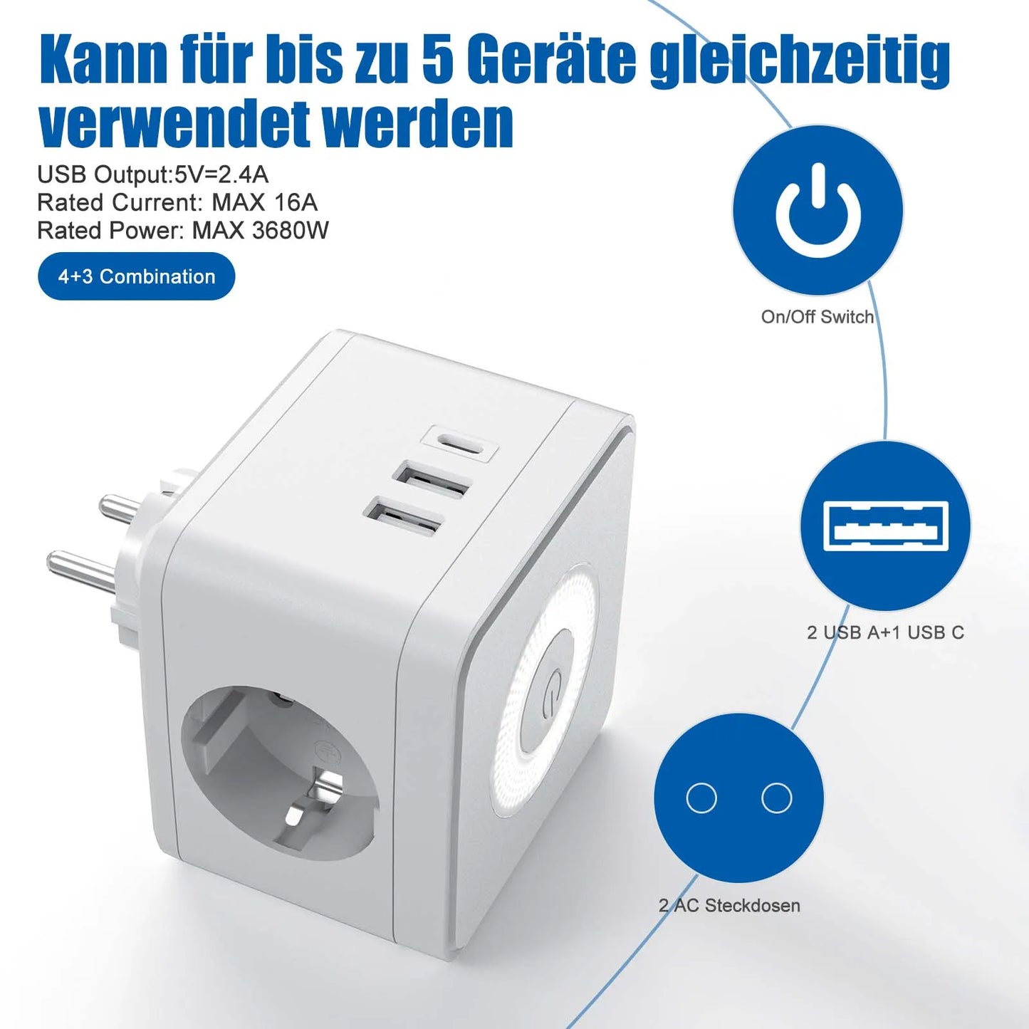 EU Power Strip Cube – 2 Stopcontacten, 2 USB-A & 1 USB-C, Nachtlampje, 3680W Wandcontactdoos