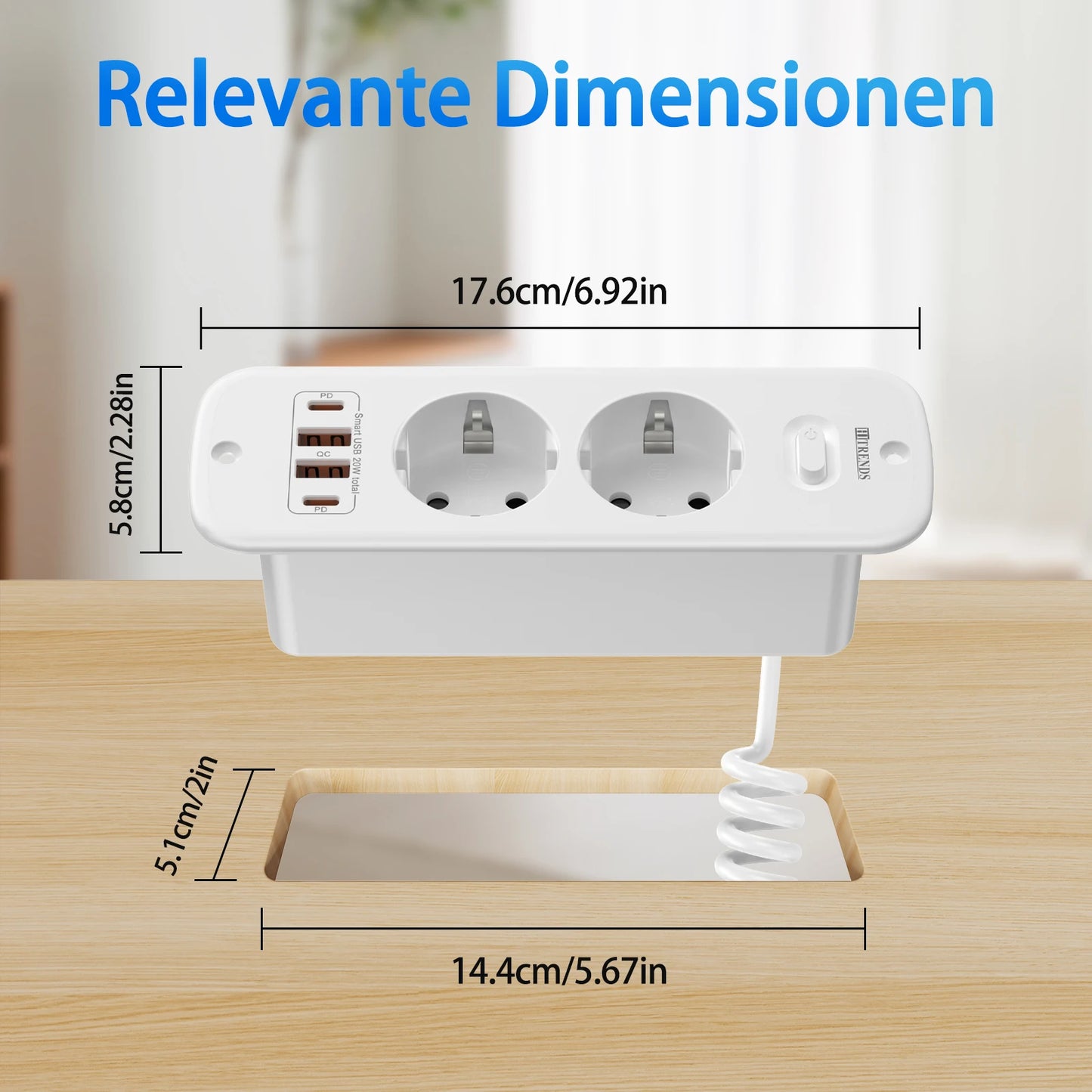 Hitrends Inbouw Wandcontactdoos – 2 EU Stopcontacten, 2 USB-A & 2 USB-C PD 20W, 2m Spiraal Verlengkabel