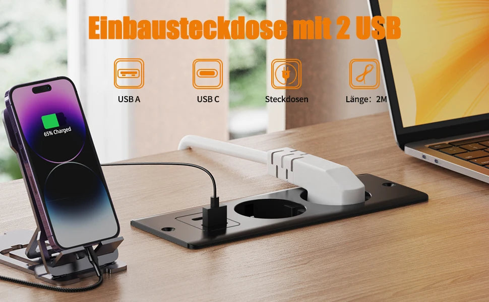 Hitrends Inbouw Bureau Stopcontact – 2 EU Stopcontacten, 1 USB & 1 USB-C, 2m Verlengkabel
