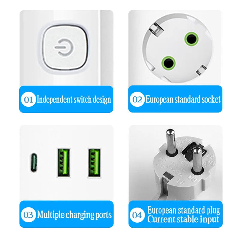 MAOZUA Power Strip – 3/5 Stopcontacten, 2 USB & 1 USB-C, 6/8-in-1 Stekkerdoos, Snelladen