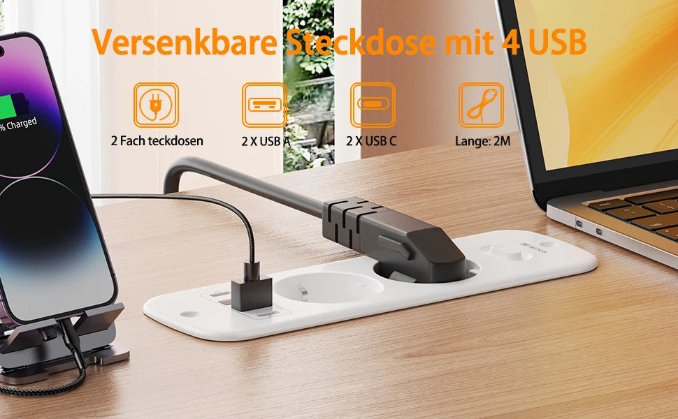 Hitrends Inbouw Wandcontactdoos – 2 EU Stopcontacten, 2 USB-A & 2 USB-C PD 20W, 2m Spiraal Verlengkabel