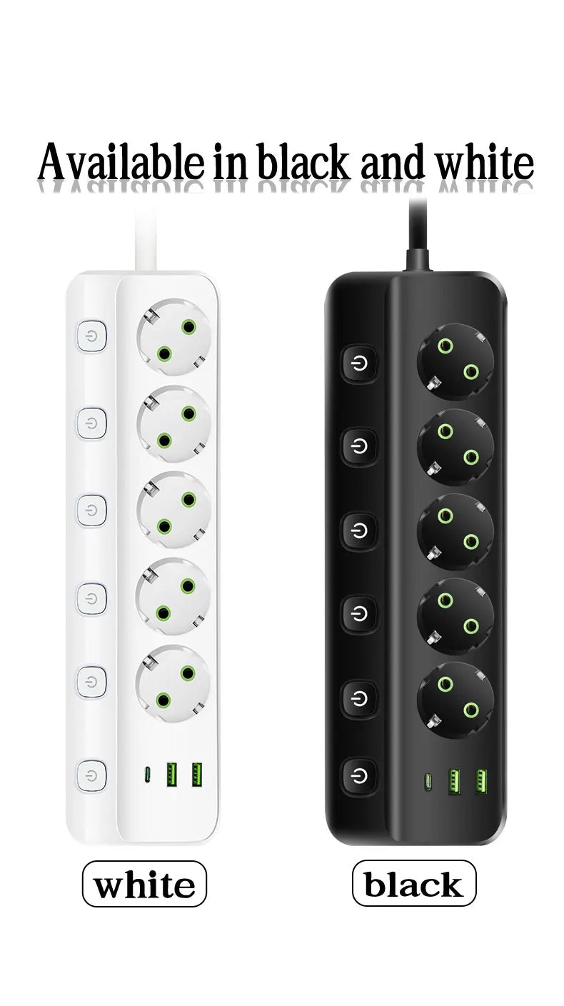 MAOZUA Power Strip – 3/5 Stopcontacten, 2 USB & 1 USB-C, 6/8-in-1 Stekkerdoos, Snelladen