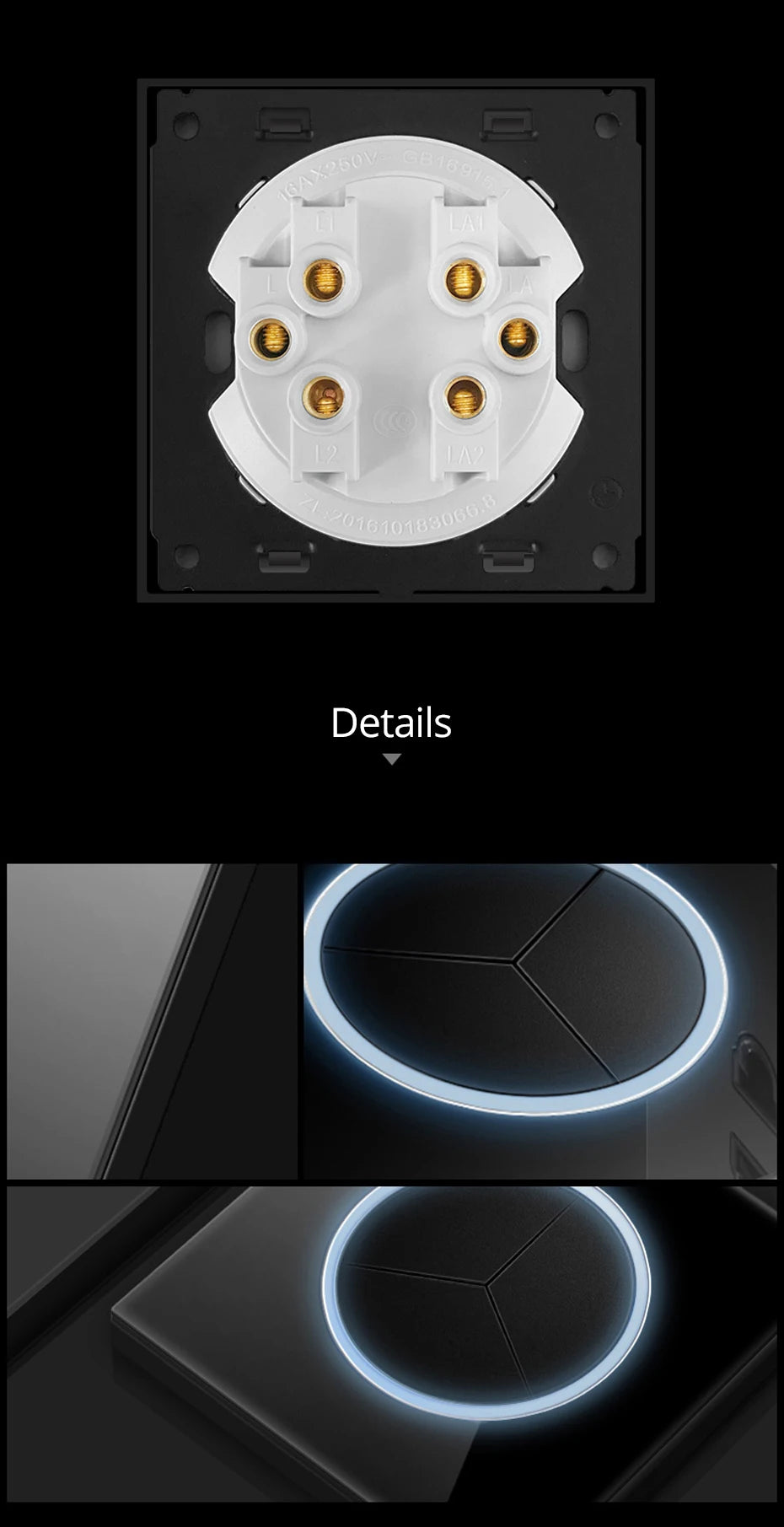 Wallpad zwart glazen schakelaar met ronde blauwe LED & stopcontact
