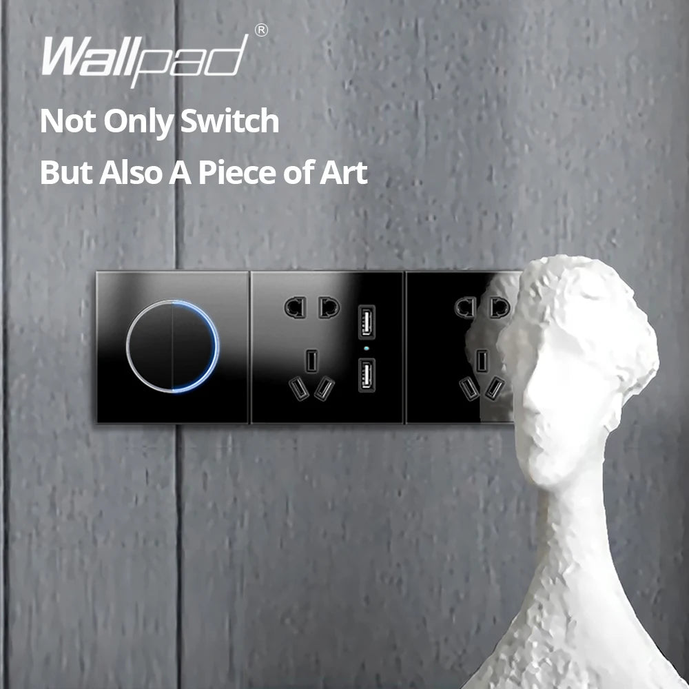 Wallpad zwart glazen schakelaar met ronde blauwe LED & stopcontact