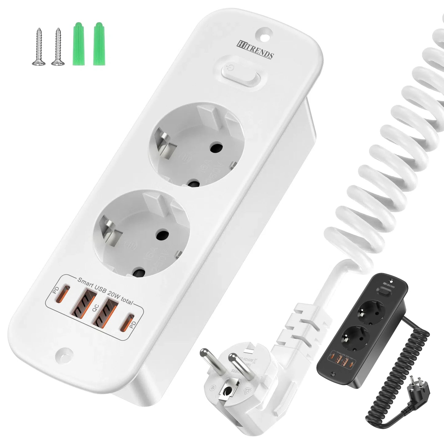 Hitrends Inbouw Wandcontactdoos – 2 EU Stopcontacten, 2 USB-A & 2 USB-C PD 20W, 2m Spiraal Verlengkabel