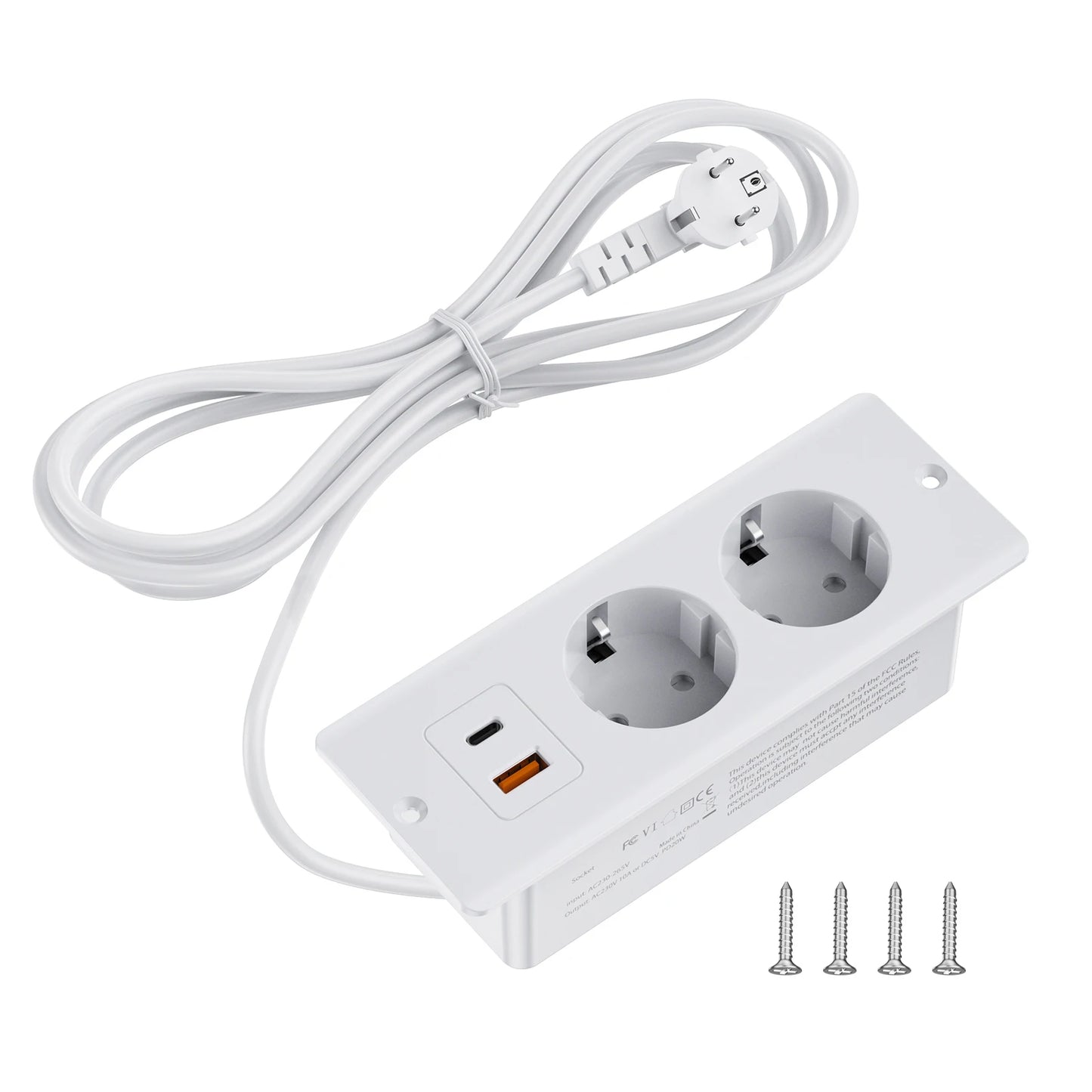 Hitrends Inbouw Bureau Stopcontact – 2 EU Stopcontacten, 1 USB & 1 USB-C, 2m Verlengkabel
