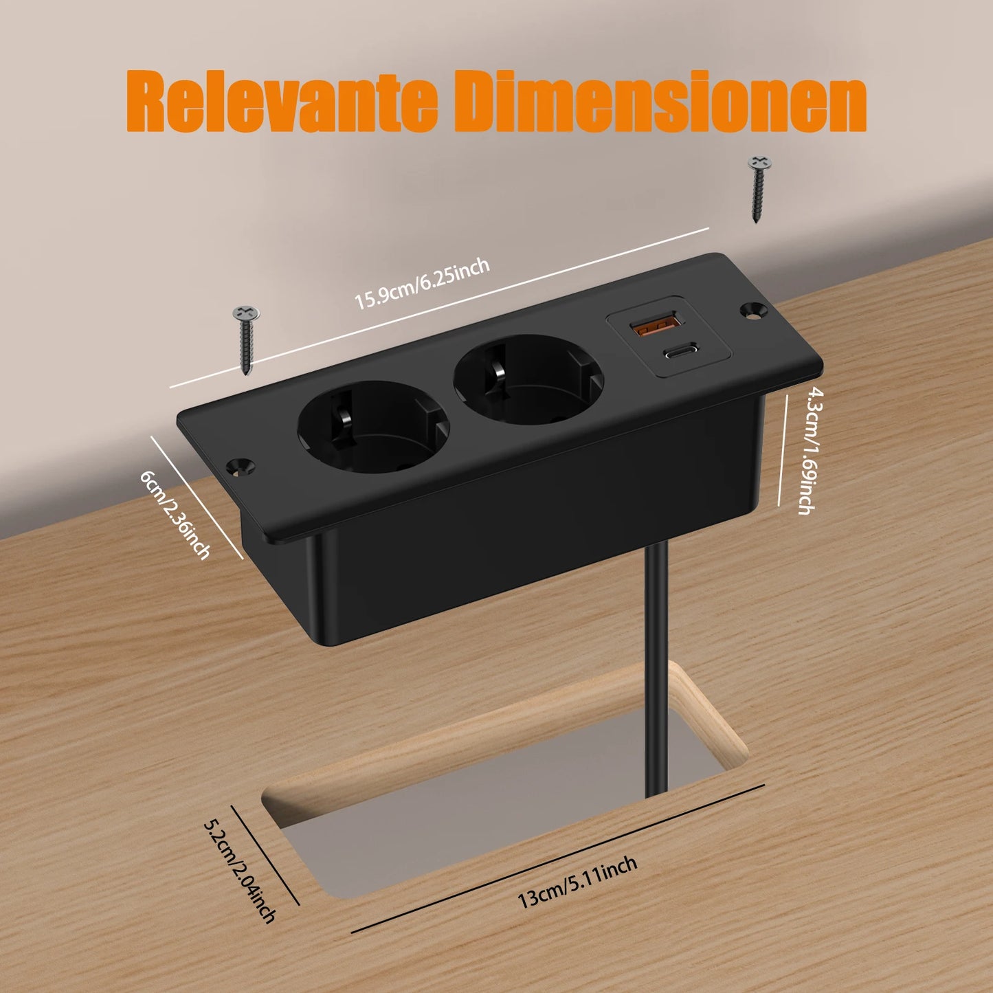 Hitrends Inbouw Bureau Stopcontact – 2 EU Stopcontacten, 1 USB & 1 USB-C, 2m Verlengkabel