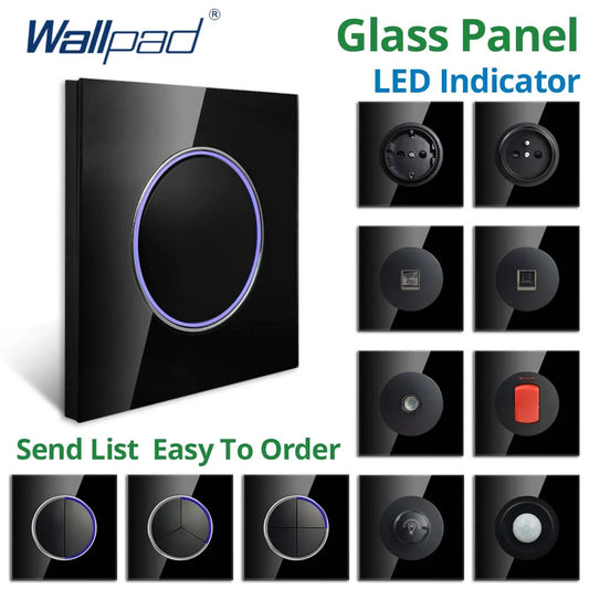 Wallpad zwart glazen schakelaar met ronde blauwe LED & stopcontact