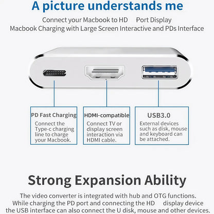 USB-C Hub Adapter 3-in-1 – 4K HDMI, USB 3.0 & Oplaadpoort – Geschikt voor MacBook & Laptops