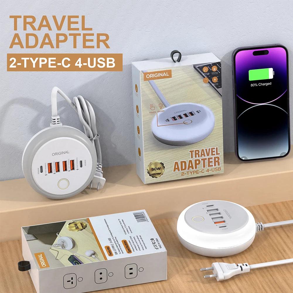 Multifunction 4 USB 2 Type C Ports  Desktop Power Strip 6 In 1 Quick Charging Socket Home Electronics For Tablet Laptop EU/US/UK