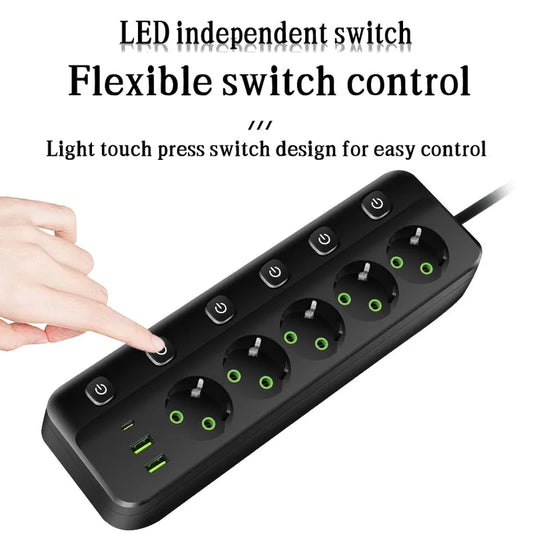 MAOZUA Power Strip – 3/5 Stopcontacten, 2 USB & 1 USB-C, 6/8-in-1 Stekkerdoos, Snelladen