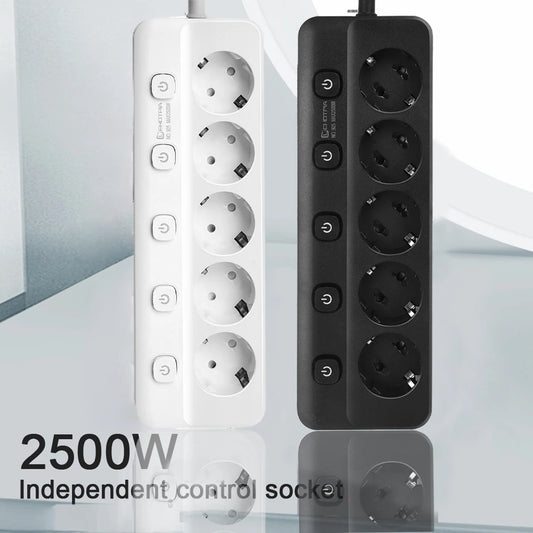 Lehotpia Power Strip – 5 EU Stopcontacten, 2m Verlengkabel, Individuele Schakelaars, 2500W