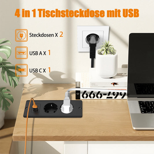 Hitrends Inbouw Bureau Stopcontact – 2 EU Stopcontacten, 1 USB & 1 USB-C, 2m Verlengkabel