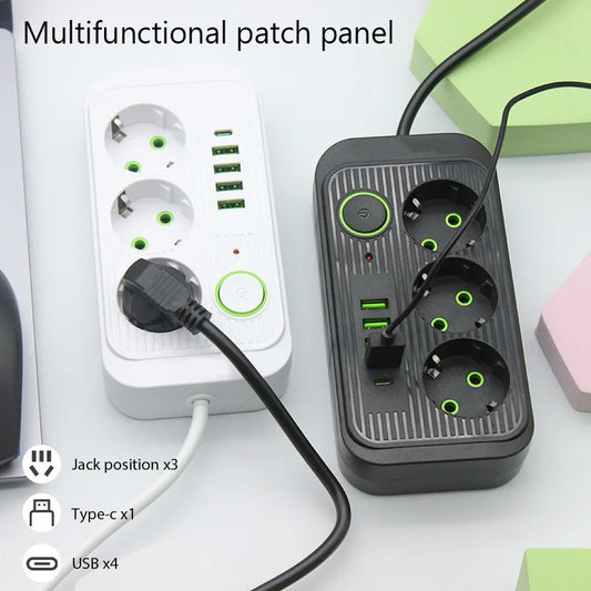 EU Power Strip – 3 Stopcontacten, 4 USB & 1 USB-C, 2m Verlengkabel, Snelladen