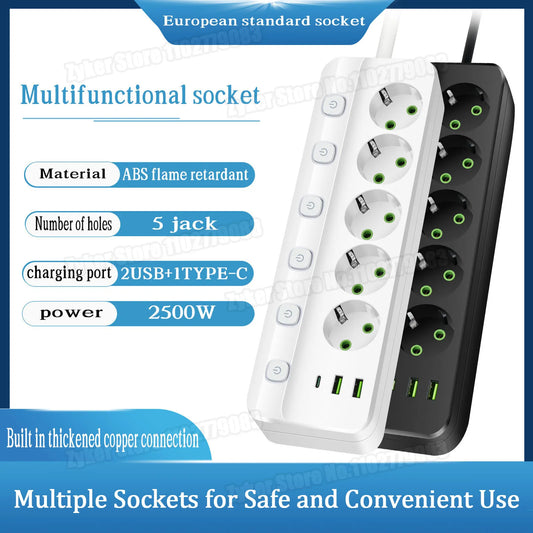 MAOZUA Power Strip – 3/5 Stopcontacten, 2 USB & 1 USB-C, 6/8-in-1 Stekkerdoos, Snelladen