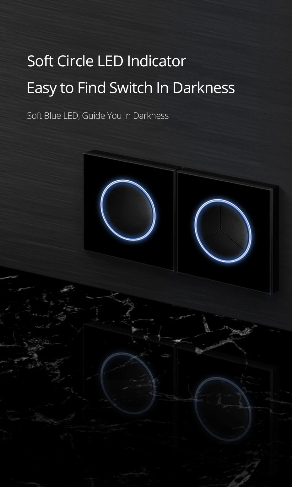 Wallpad zwart glazen schakelaar met ronde blauwe LED & stopcontact